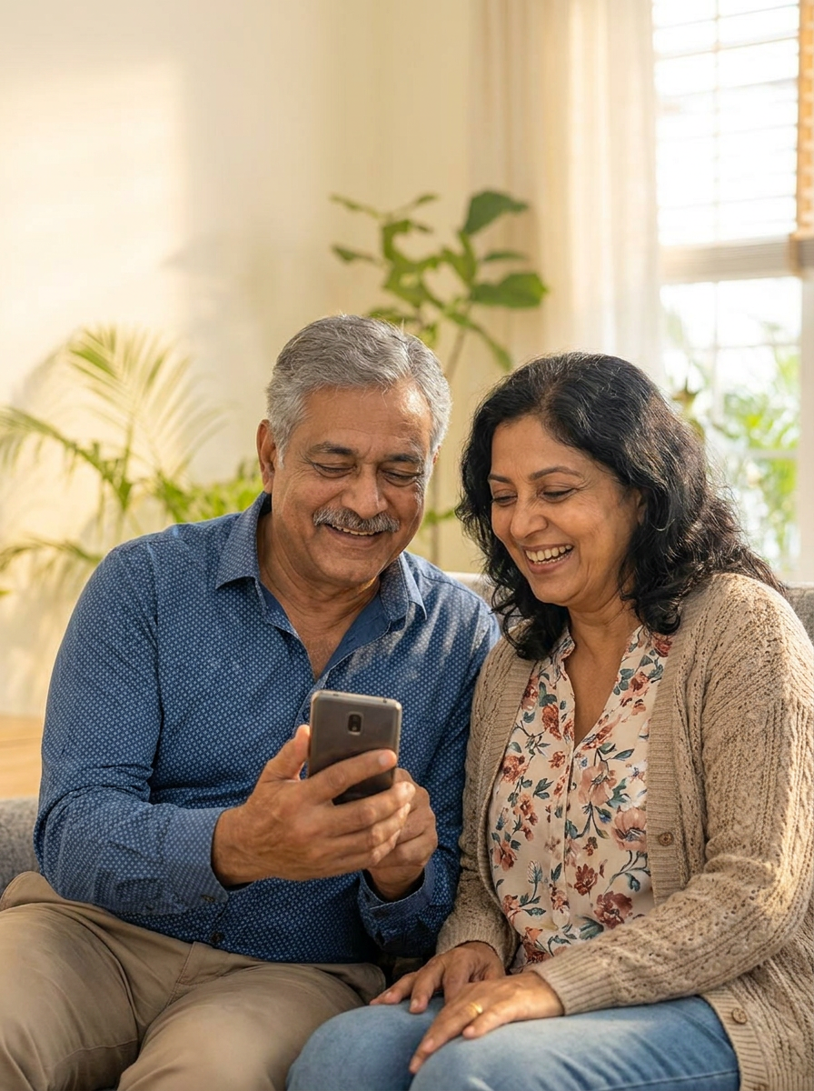 Couple smiling at a phone together