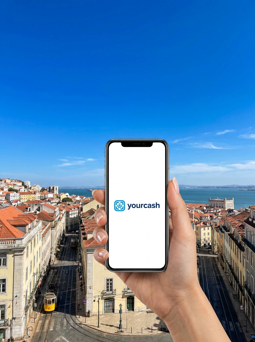 Phone showing the Yourcash card above a city view